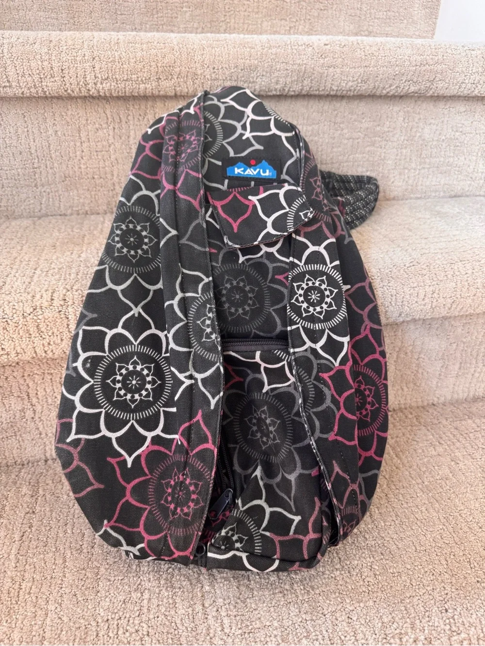 Kavu Black Sling Bag with Pink & Gray Floral Pattern